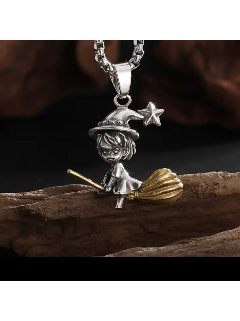 Witch Flying on Broom Tone Heavy Pendant and Necklace #1432